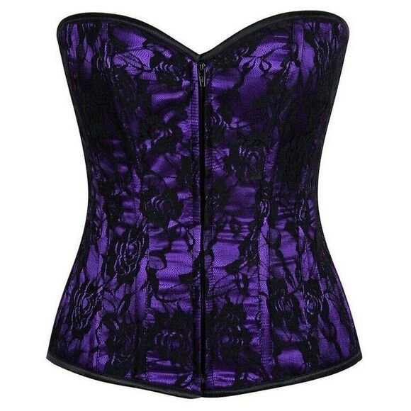 4X 40"-43" Plus Lavish Purple Black Floral Lace Satin Overbust Corset Zip Front - Picture 4 of 6